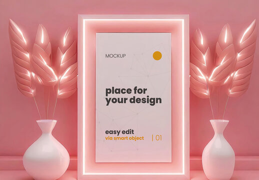 Neon Lights Frame Poster Mockup 06