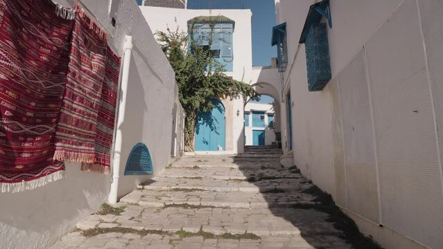 Carpet Rug Shop on The Street of an Incredibly Charming Town of the Blue City Sidi Bou Said, Tunisia