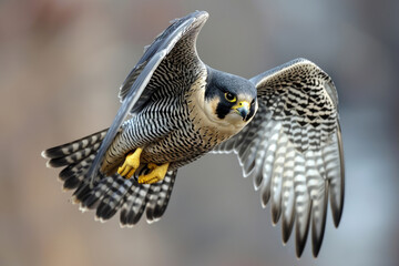 The Peregrine Falcon in full flight, wings outstretched, as it effortlessly slices through the air