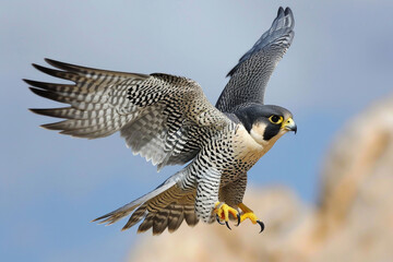 The Peregrine Falcon in full flight, wings outstretched, as it effortlessly slices through the air