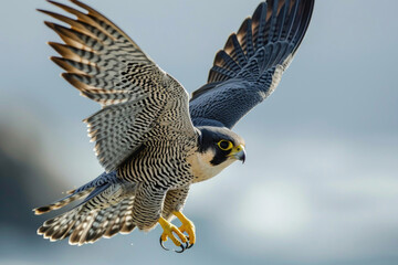 The Peregrine Falcon in full flight, wings outstretched, as it effortlessly slices through the air