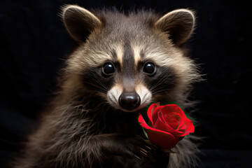 Raccoon Holding a Red Rose on a Black Background