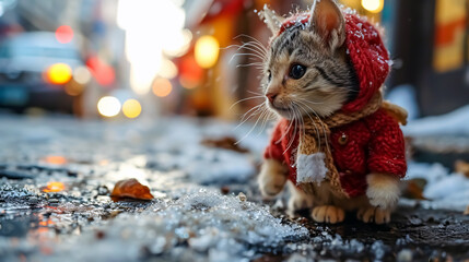 Cute little kitten in a red knitted hat and scarf on the background of the city street.