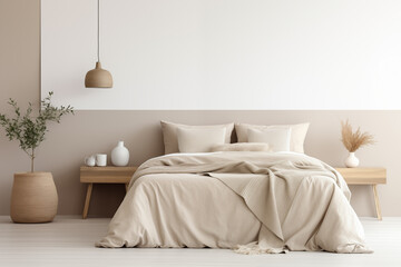 Modern house interior details. Simple cozy beige bedroom interior with bed headboard, linen bedding, bedside table and natural decorations, closeup. Generative AI