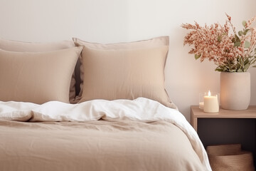 Fototapeta na wymiar Modern house interior details. Simple cozy beige bedroom interior with bed headboard, linen bedding, bedside table and natural decorations, closeup. Generative AI