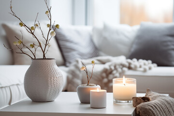 Modern house interior details. Simple cozy grey living room interior with sofa, decorative pillows, wooden table with candles and natural decorations. Generative AI