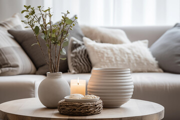 Fototapeta na wymiar Modern house interior details. Simple cozy beige living room interior with sofa, decorative pillows, wooden table with candles and natural decorations. Generative AI