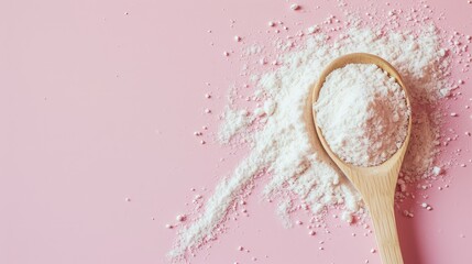 Collagen powder on pink background. Extra protein intake. Natural beauty and health supplement for skin, bones, joints and gut. Banner, Flat Lay, top view. Copy space for text. - obrazy, fototapety, plakaty