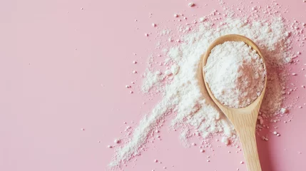 Foto op Plexiglas Collagen powder on pink background. Extra protein intake. Natural beauty and health supplement for skin, bones, joints and gut. Banner, Flat Lay, top view. Copy space for text. © Olena