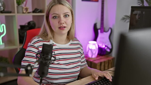 Cheeky young blonde streamer mocking folks with loser sign on forehead, laughing while gaming indoors