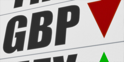 British pound currency symbol and red arrow, falling GBP. Currency exchange, trading, global business.