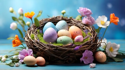 Fototapeta na wymiar Easter eggs in a nest on a blue wooden background with flowers
