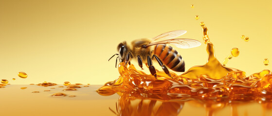 Honey Bee Gathering Nectar on a Shimmering Honey Surface with a Golden Background