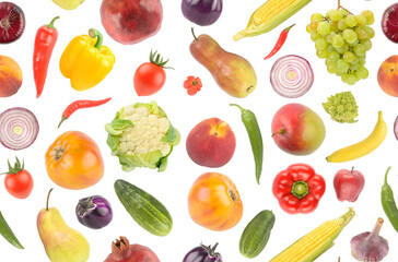 Seamless pattern of beautiful bright vegetables and fruits isolated on white