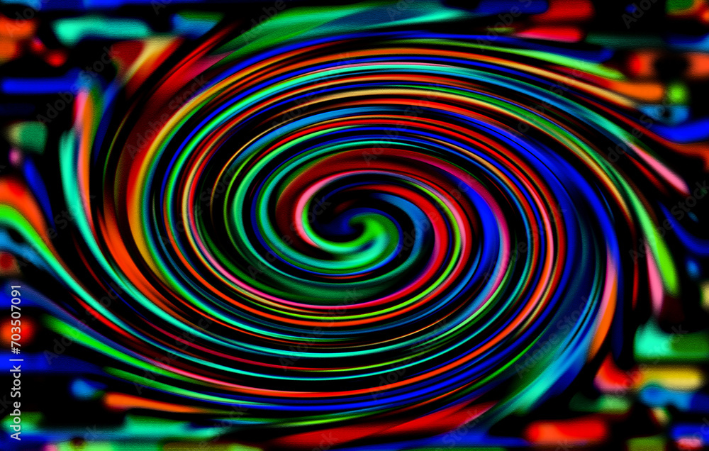Poster rainbow lines curl into a spiral on a black background. abstract joyful background. illustration.