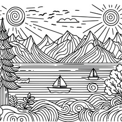 panorama  coloring book black and white outline line art. environment vector drawing