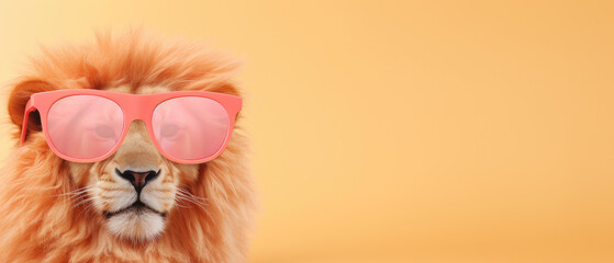 Cool Lion in Pink Sunglasses on a Vibrant Yellow Background