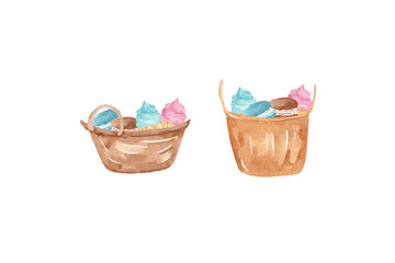 Fototapeta na wymiar Cupcakes and macaroons in rustic wicker baskets - watercolor hand drawn illustration. Food in rustic baskets.. Sweets and dessert