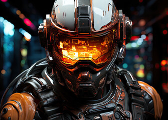 Fototapeta premium Futuristic Cyborg Helmet Close-up. Image created with AI. 