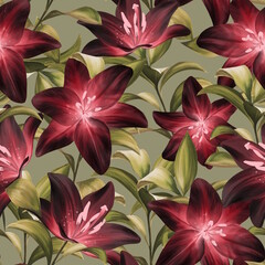 Beautiful seamless pattern with dark red lily flowers.