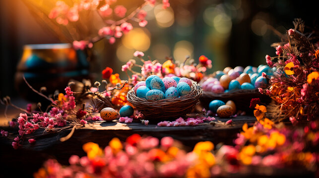 Easter colorful eggs in a nest among flowering twigs. Nest with eggs on a wooden table. Happy Easter. Decorating eggs for the holiday