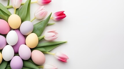 Spring fresh tulips with Easter eggs, top view, flat lay on light white background