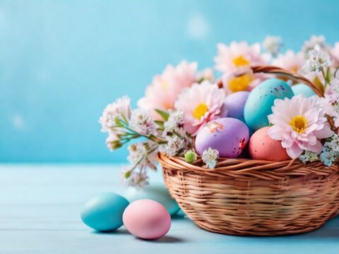 A vibrant view photo captures the Easter celebration concept with colorful eggs, small baskets, flowers, and copy space for Easter Sunday greetings