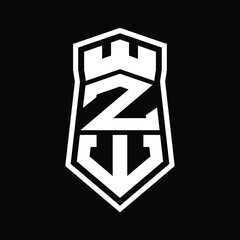 ZW Letter Logo monogram hexagon shield shape up and down with crown castle isolated style design