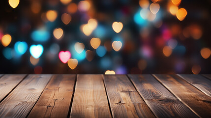 Empty wooden table on Christmas or Valentine's heart bokeh light background

