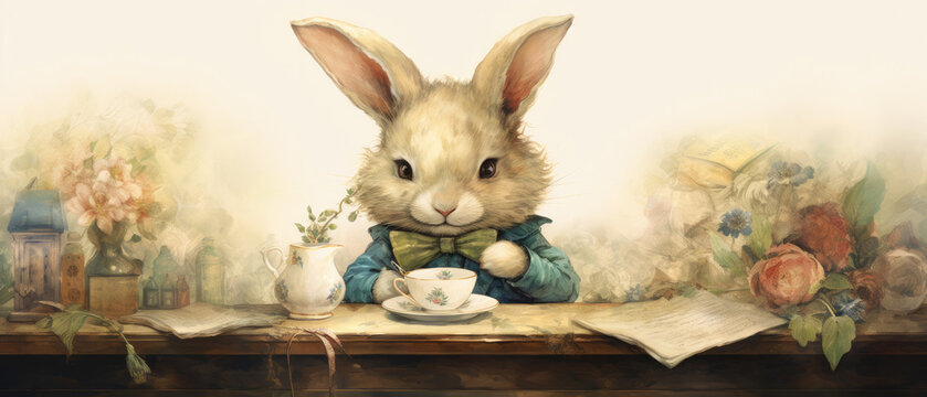 Gentleman Rabbit Enjoying a Quaint Afternoon Tea Amidst Vintage Florals
