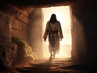 An awe-inspiring image captures the Resurrected Jesus Christ emerging from his half-closed tomb at dawn, symbolizing a sacred and divine moment of rebirth.