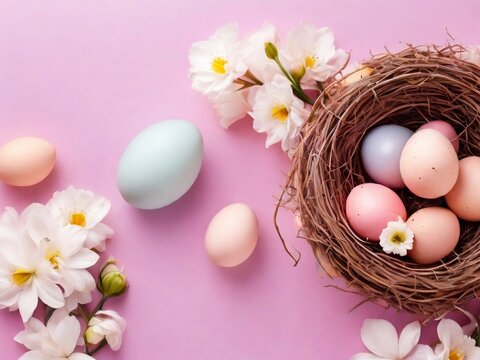 A festive image features a nest with pastel Easter eggs and flowers against a vibrant background, creating a cheerful springtime celebration scene