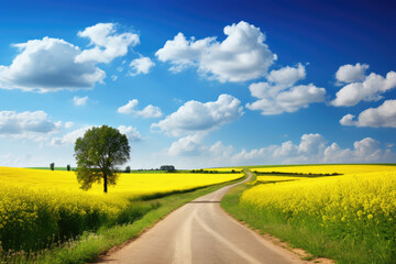 Fototapeta na wymiar wavy country road in the middle of a canola flower field with white clouds up in the blue sky. AI generated