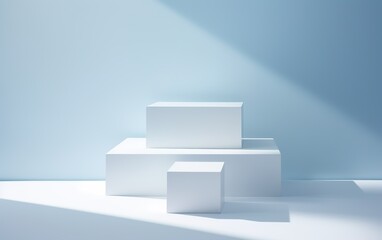 blue and white minimalist podium display,