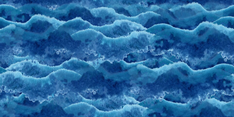 Watercolor blue seamless border for the image of the sea, waves, sky, clouds, background, abstract seascapes with texture. Illustrations isolated on a white background and created for design projects