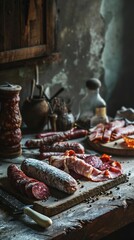 Different types of sausages, salami, and ham