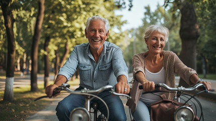 Active Senior Couple Joyfully Cycling Together in a Park - Ideal Elderly Leisure Activity. AI Generated 