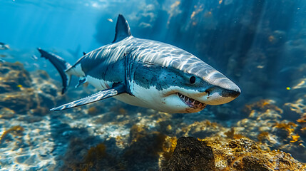 Fototapeta premium Great White Shark (Carcharodon carcharias). Shark swimming in a tropical coral reef. Underwater world.