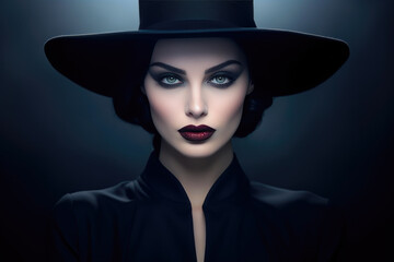 Mysterious Femme Fatale: Dark-Lipped Beauty in Gothic Hat