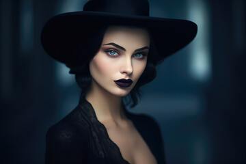 Enigmatic Beauty: Dark-Lipped Woman in Gothic Fashion