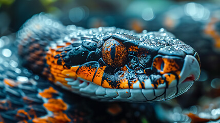 Fototapeta premium Close up of a black and orange viper snake on the forest floor.