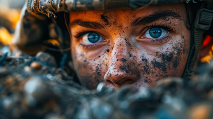 Close-up portrait of a soldier in the desert. Military concept.