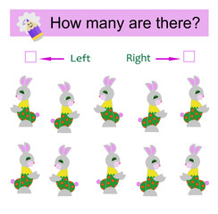 Left or Right. Educational game for kids. Count how many hares are turned left and how many are turned right.