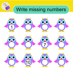Math activity for children. Activity page for preschoolers. Cartoon penguins.