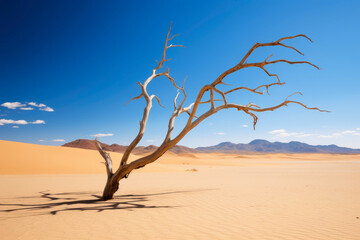 Fototapeta na wymiar Solitude in the Desert: Barren Tree and Mountains