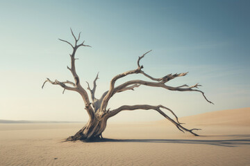 Fototapeta na wymiar Mountains Embrace Solitude: A Lone Tree in the Desert