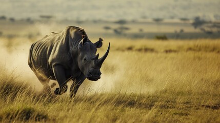 A rhino running through a dry grass field