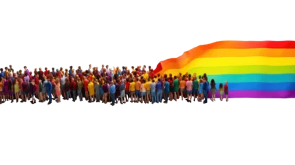 Fotobehang LGBTQ banner. Rainbow colors flag and human figures together united isolated on white transparent, PNG  © Rawf8