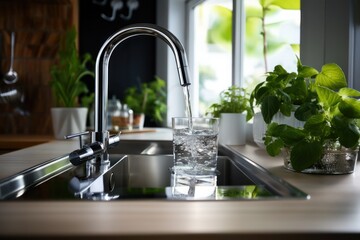 Water runs from a stainless steel tap into a glass, surrounded by domestic greenery and natural light - obrazy, fototapety, plakaty