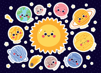 Vector set of cute solar system planets stickers
